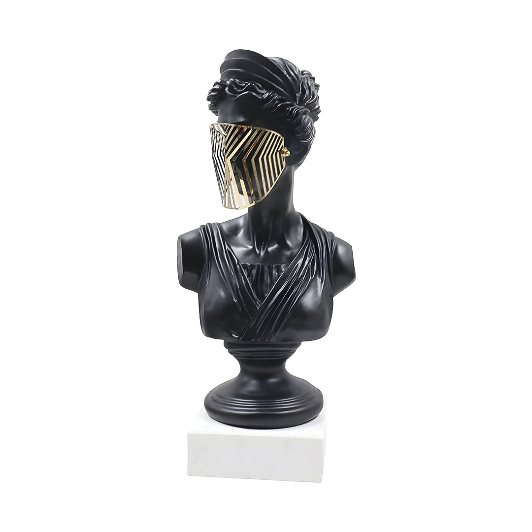 SOGA 45cm Black Resin Bust – Gold Striped Mask Home Sculpture-0
