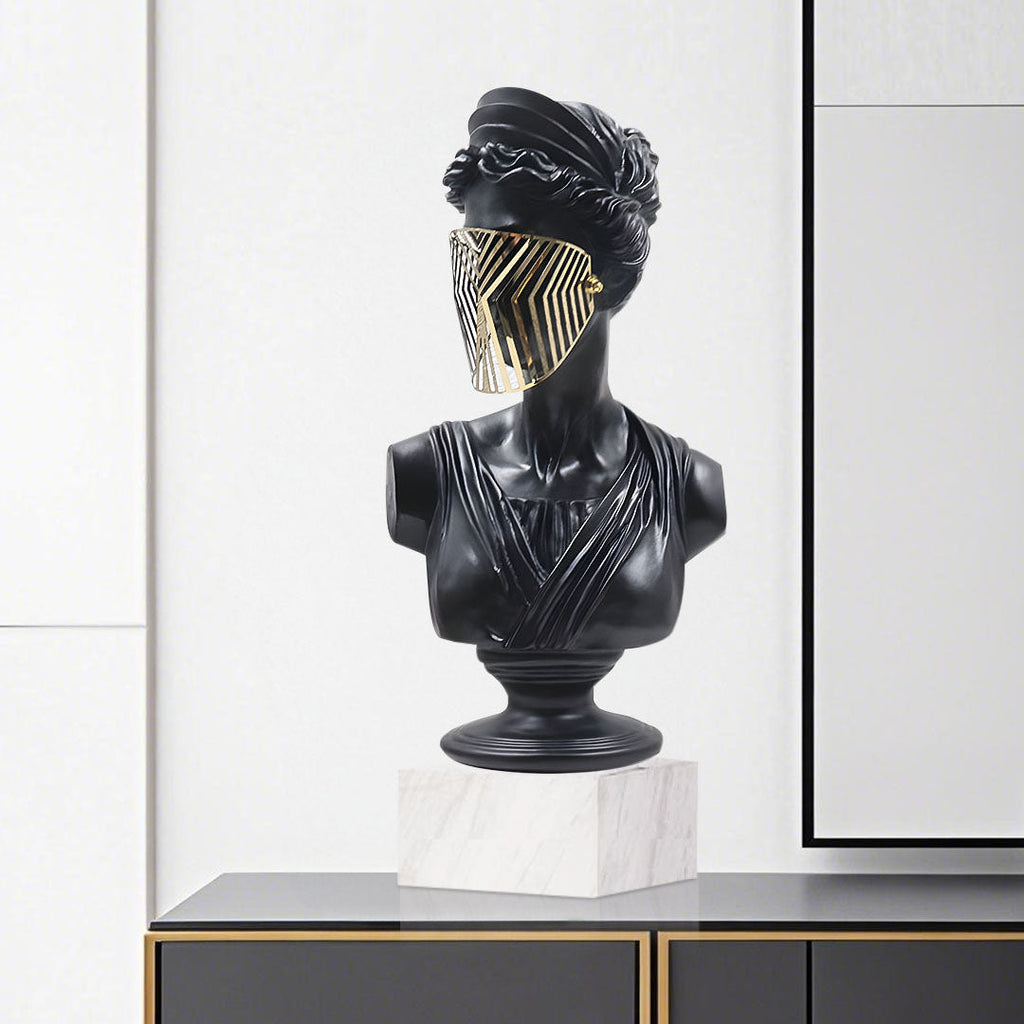 SOGA 45cm Black Resin Bust – Gold Striped Mask Home Sculpture-1
