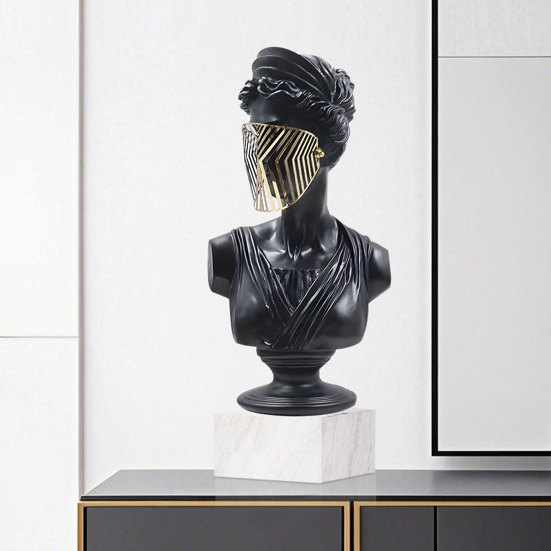 SOGA 45cm Black Resin Bust – Gold Striped Mask Home Sculpture-1