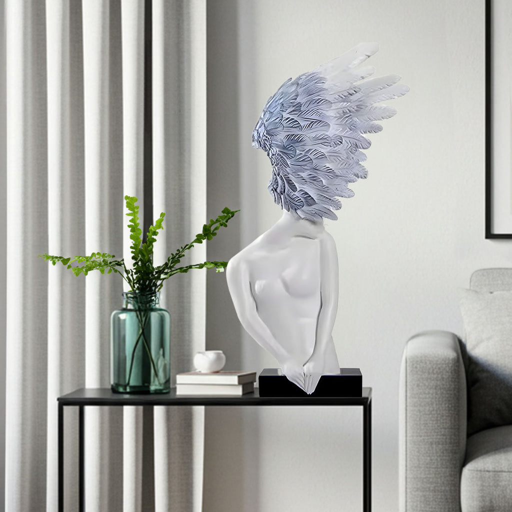 SOGA 86cm White Blue Winged Figure Sculpture with Marble Base-1