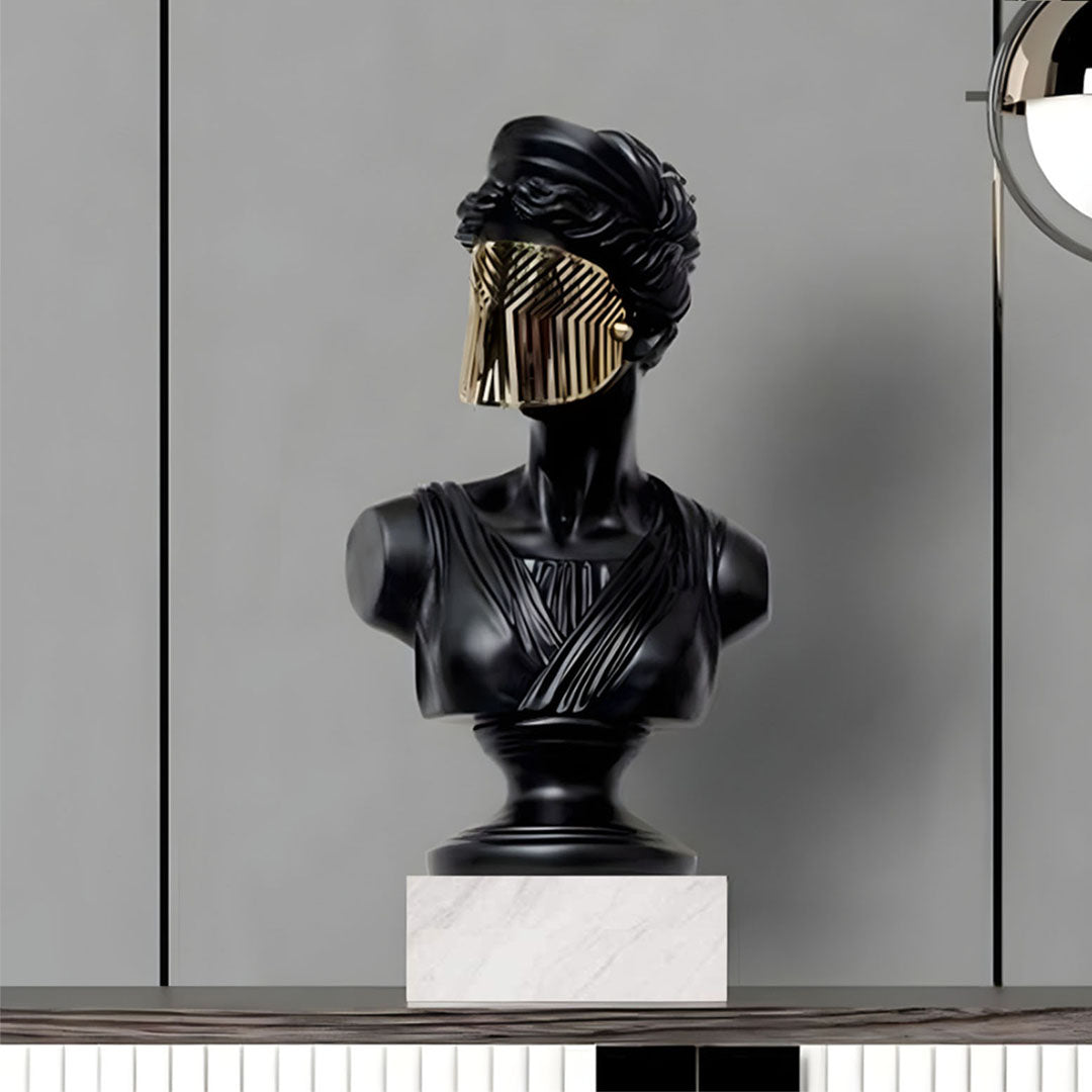 SOGA 45cm Black Resin Bust – Gold Striped Mask Home Sculpture-2
