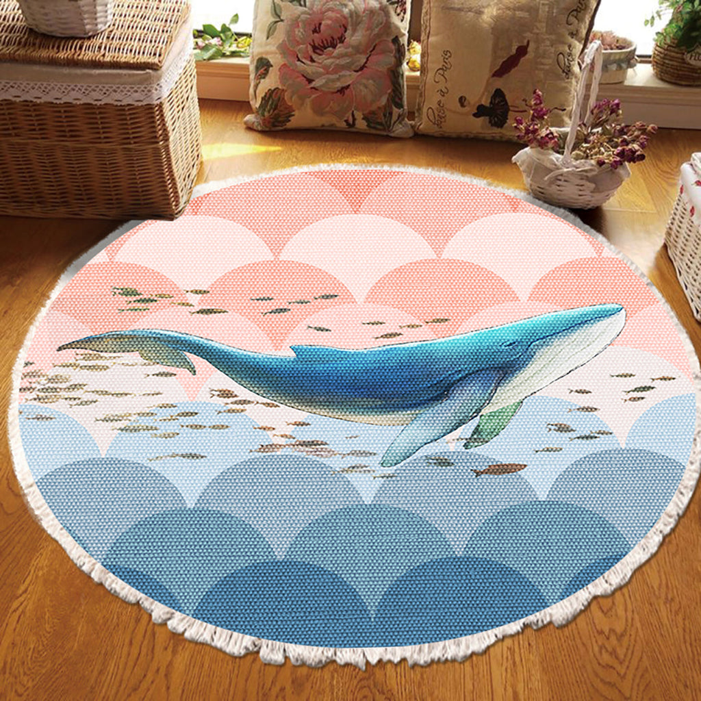 NNEAGS 120cm Round Tassels Shark Print Area Rugs, Home Decor