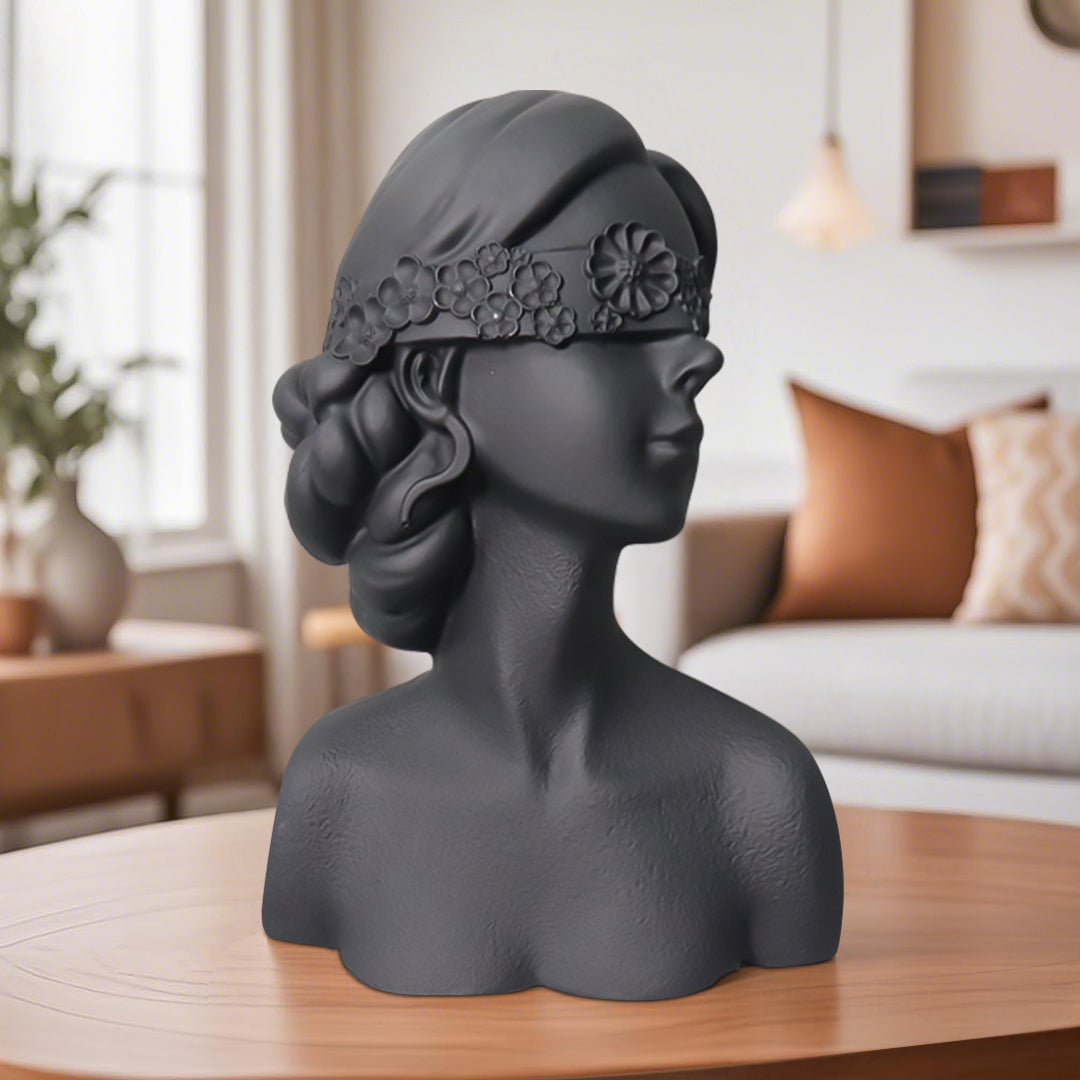 SOGA 36cm Black Resin Sculpture Blindfold Lady Bust Design for Home Decor-3