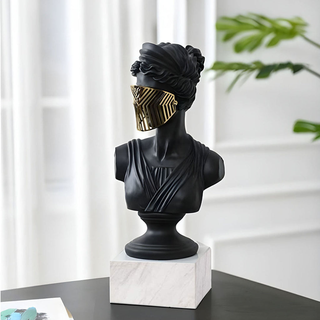 SOGA 45cm Black Resin Bust – Gold Striped Mask Home Sculpture-4