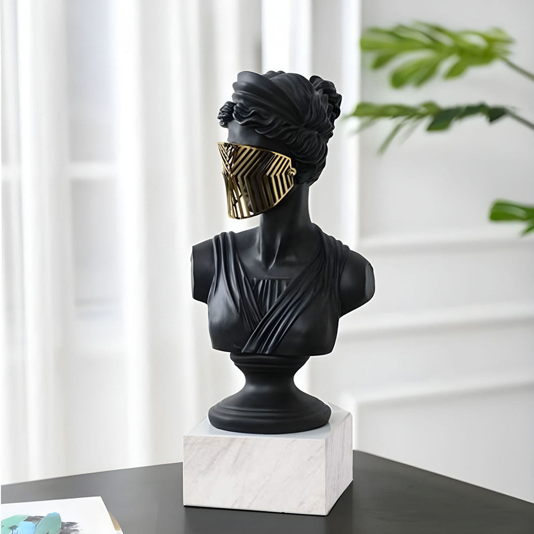 SOGA 45cm Black Resin Bust – Gold Striped Mask Home Sculpture-4