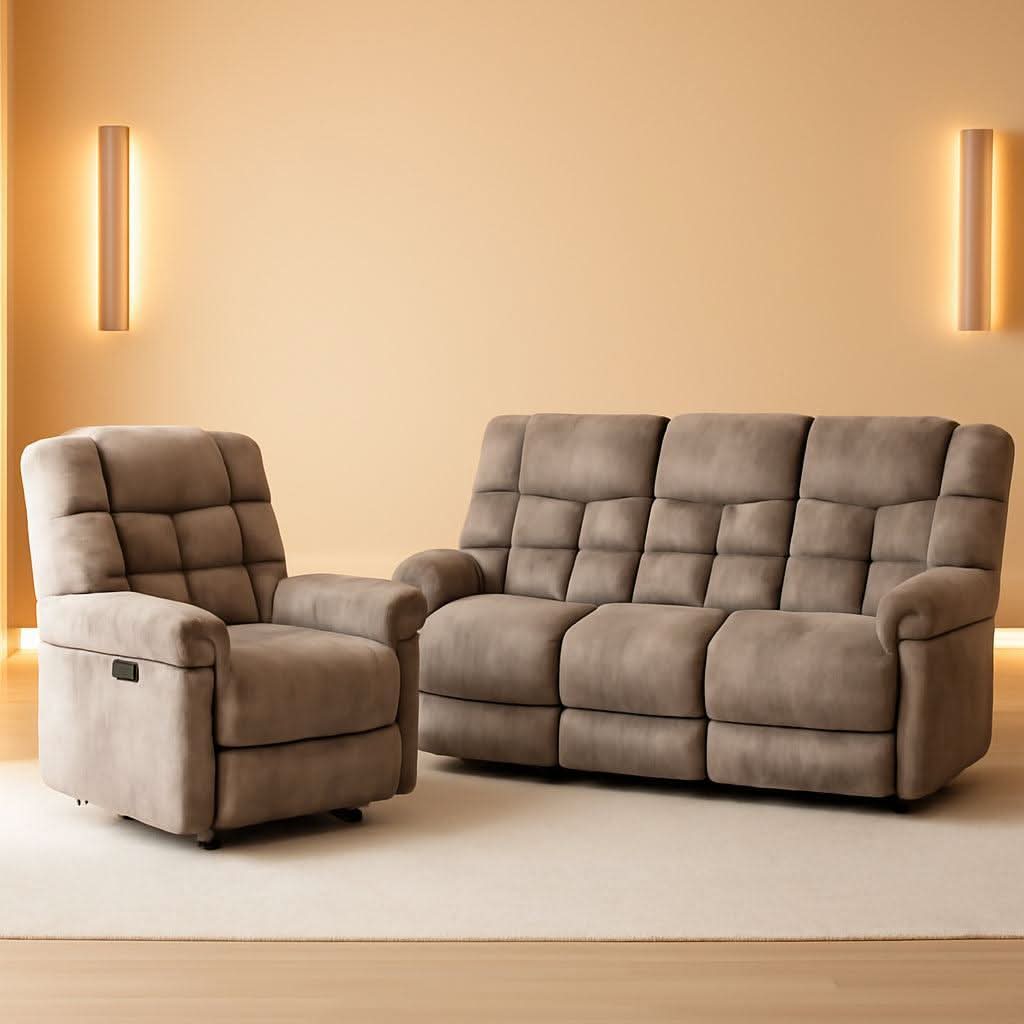 Manual Recliner Sofa Set Memory Foam Cushions Brown-0