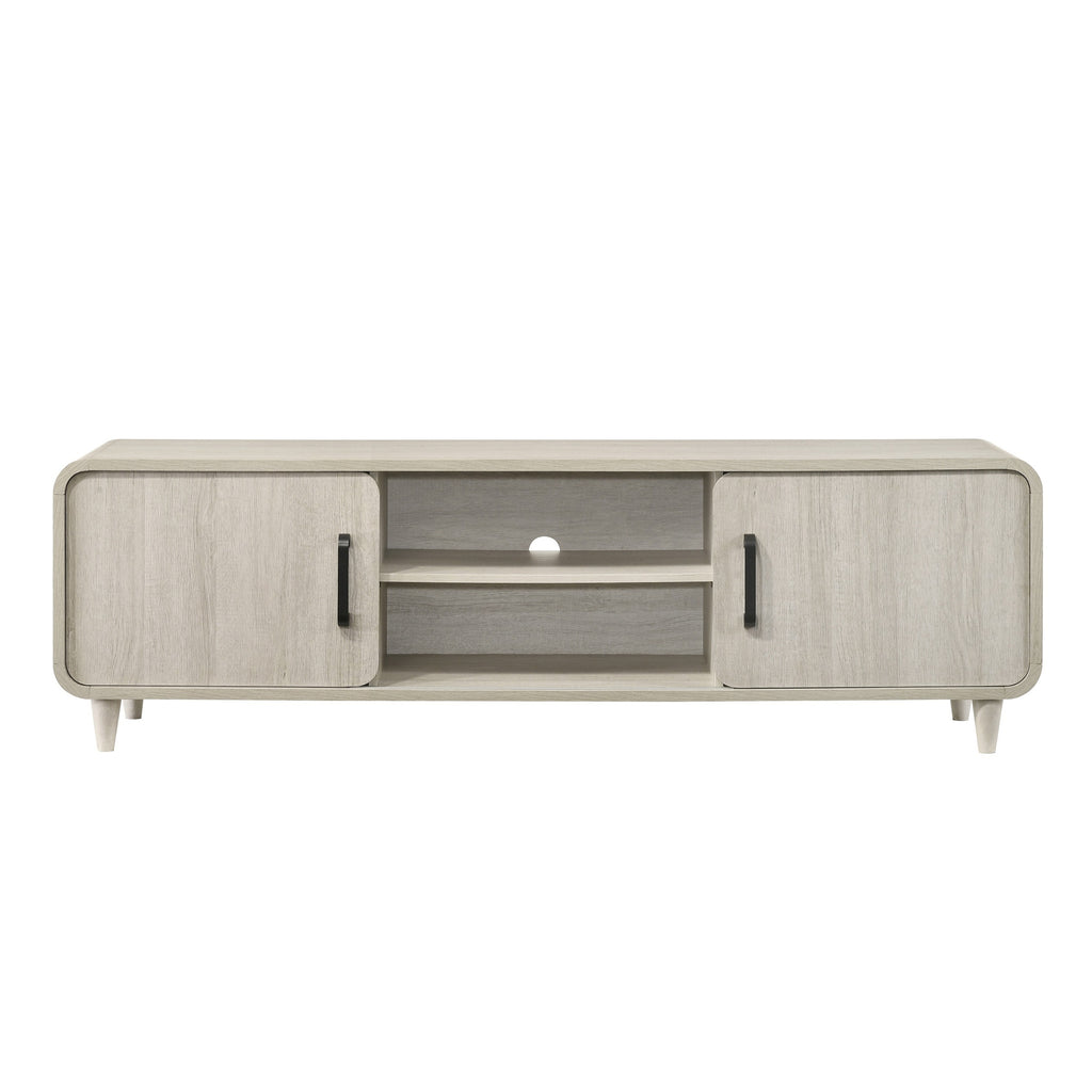 1pc Contemporary Mid-Century TV Stand in Antique White with Sliding Doors and Black Handles, Light Wood Finish, Tapered Legs, Wooden Living Room Furniture