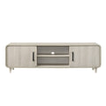 1pc Contemporary Mid-Century TV Stand in Antique White with Sliding Doors and Black Handles, Light Wood Finish, Tapered Legs, Wooden Living Room Furniture