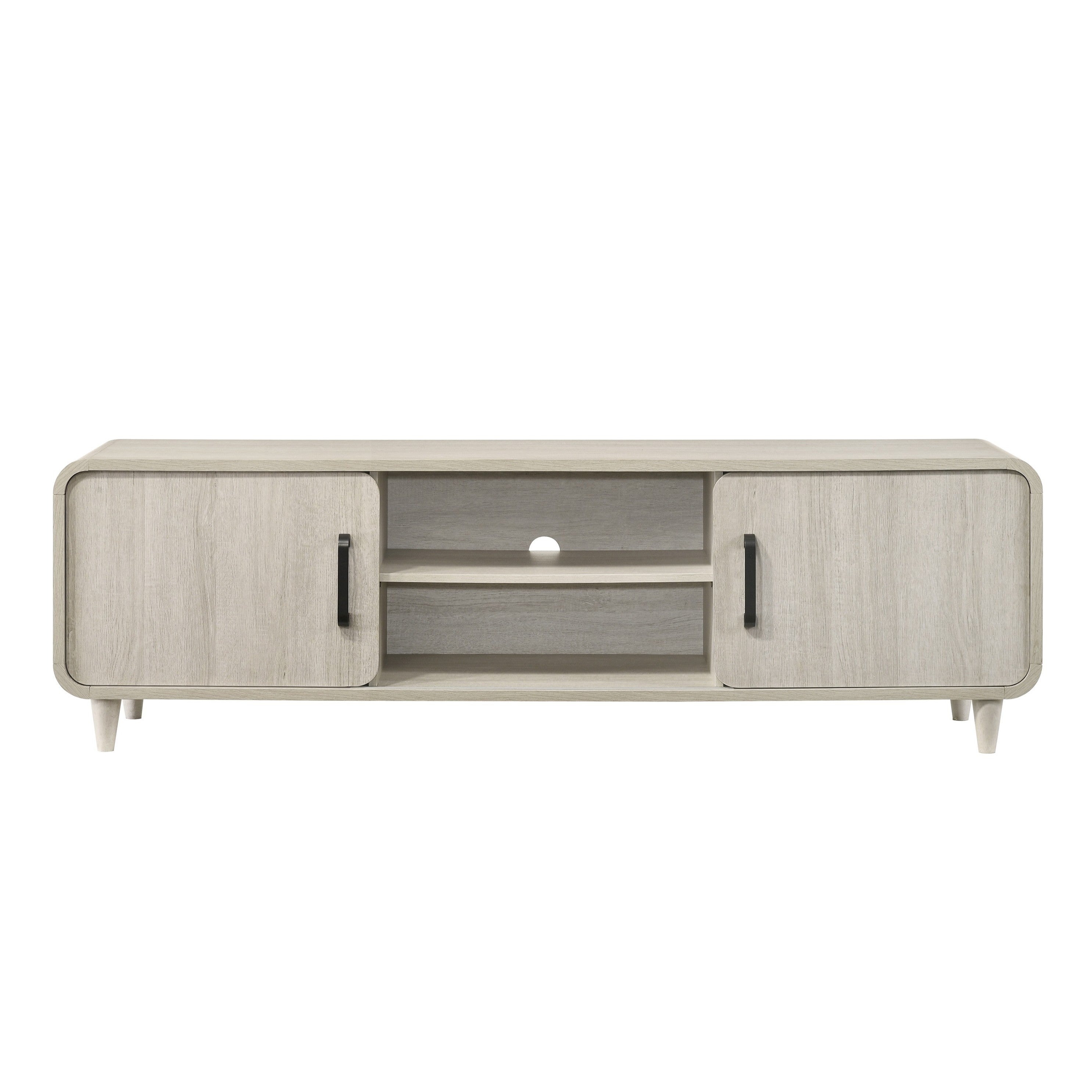 1pc Contemporary Mid-Century TV Stand in Antique White with Sliding Doors and Black Handles, Light Wood Finish, Tapered Legs, Wooden Living Room Furniture