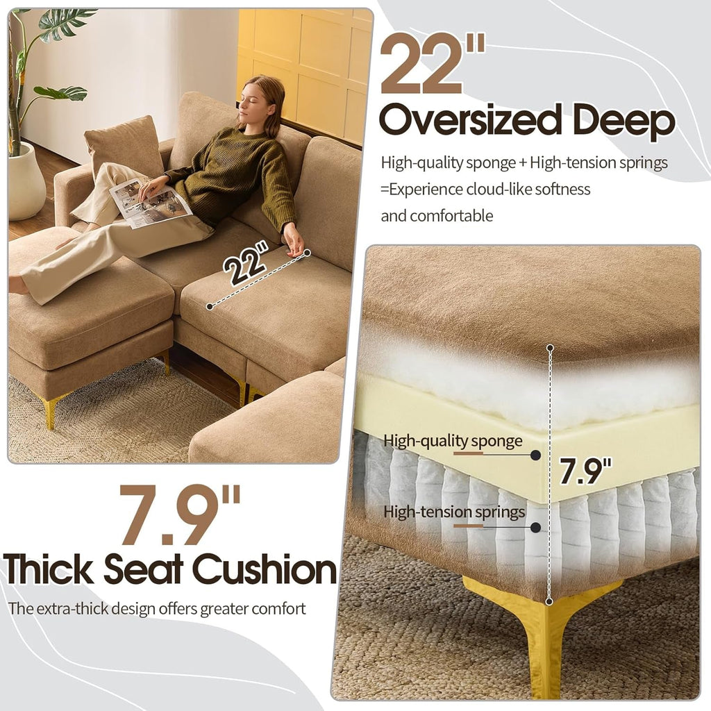 Khaki One Hundred Inch U Shaped Chenille Luxurious Couch-2