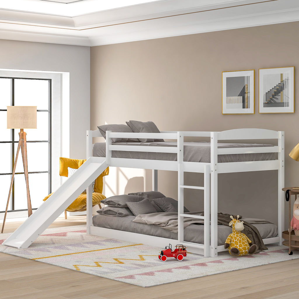 White Twin over Twin Bunk Bed with Convertible Slide and Ladder, Pine Wood and MDF, 79.3''L x 84.4''W x 46.5''H