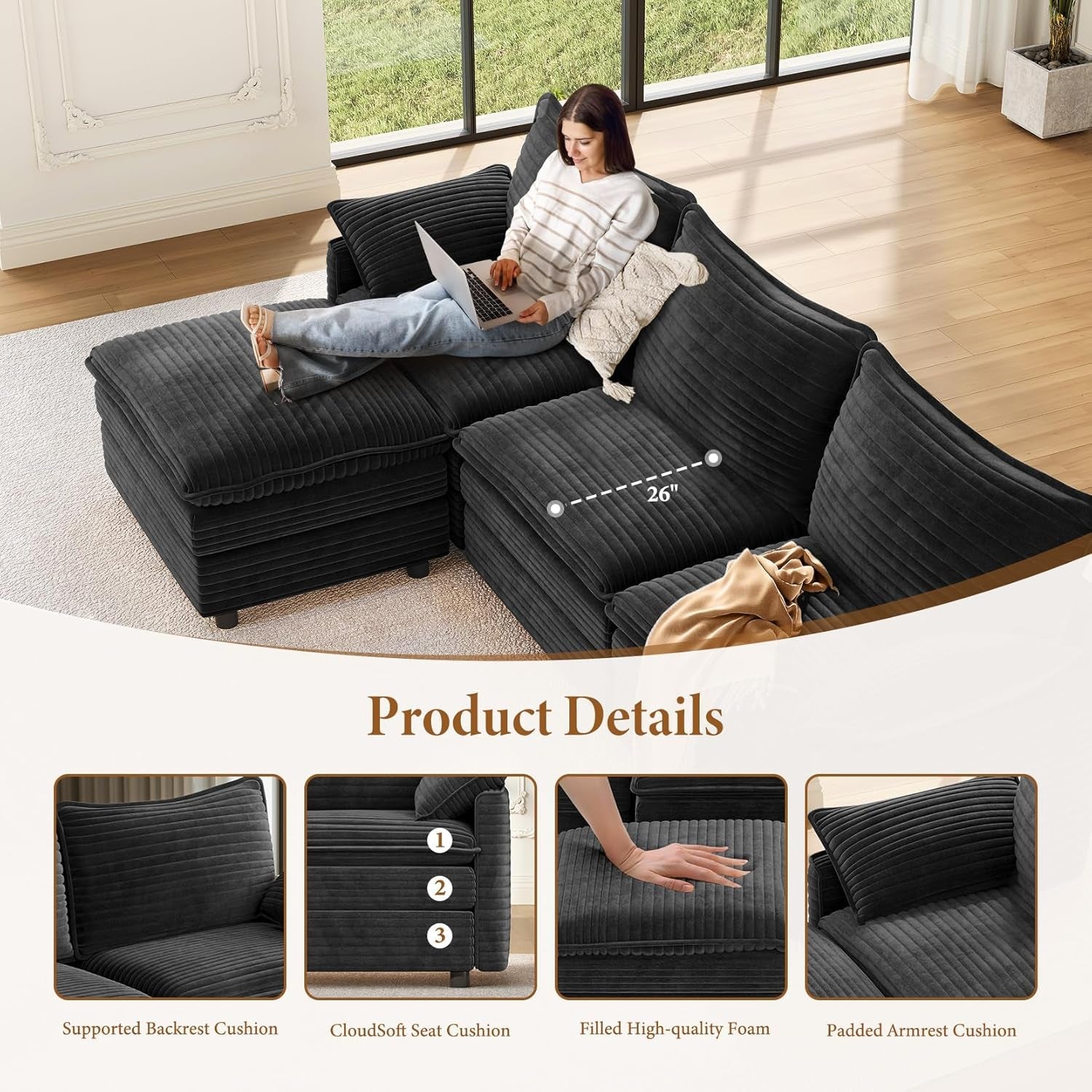 108 Inch Charcoal Gray Modular Sectional Sofa Ottoman-3