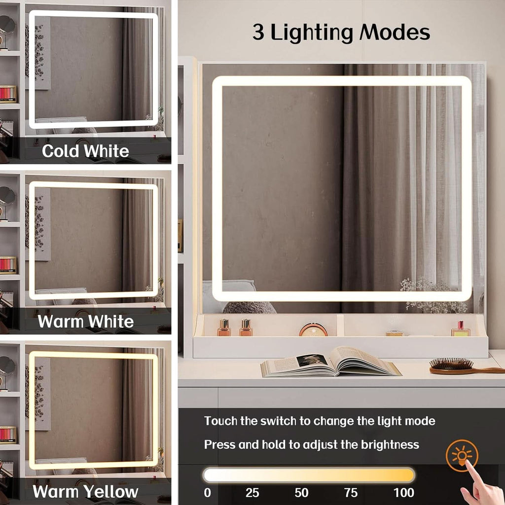 White Vanity Desk With Integrated Illumination Mirror-3