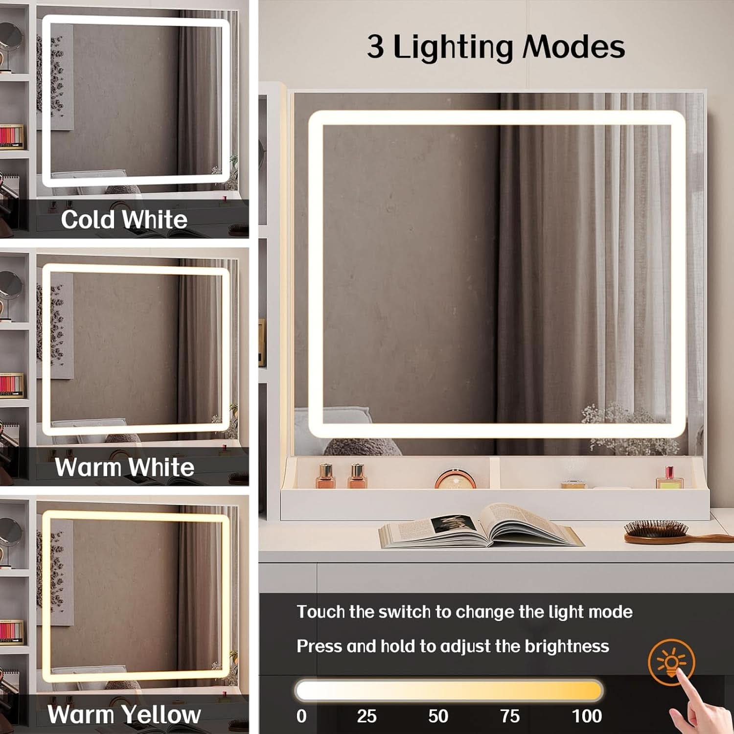 White Vanity Desk With Integrated Illumination Mirror-3