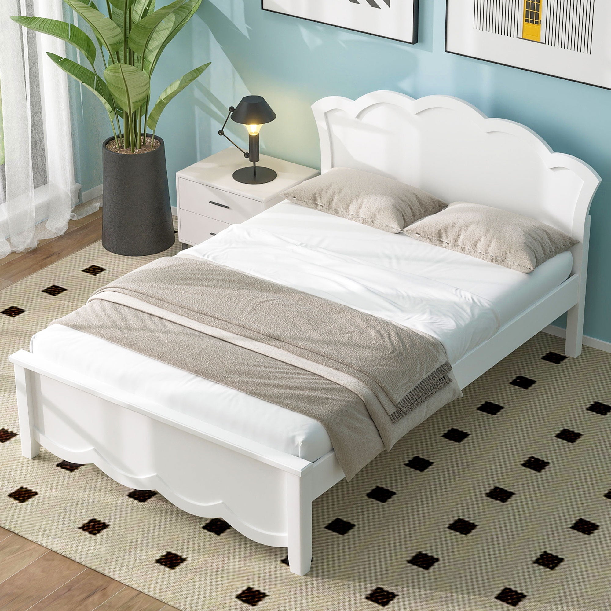Full Size Wood Platform Bed with Headboard, White