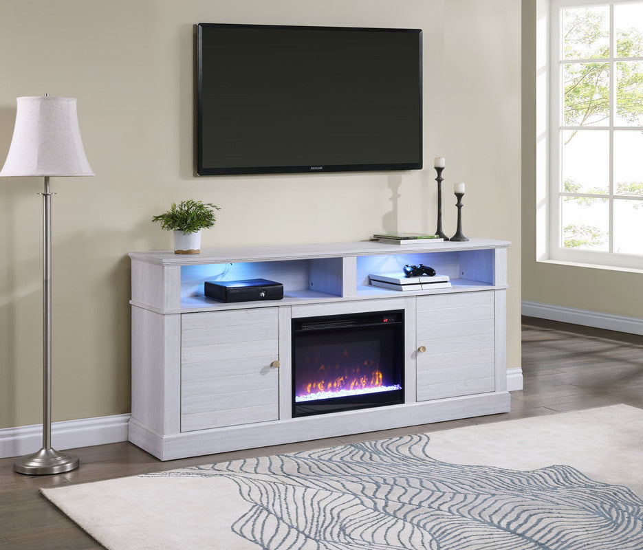 Iris 70'W White Walnut Finish TV Stand Console with Fireplace and Heater
