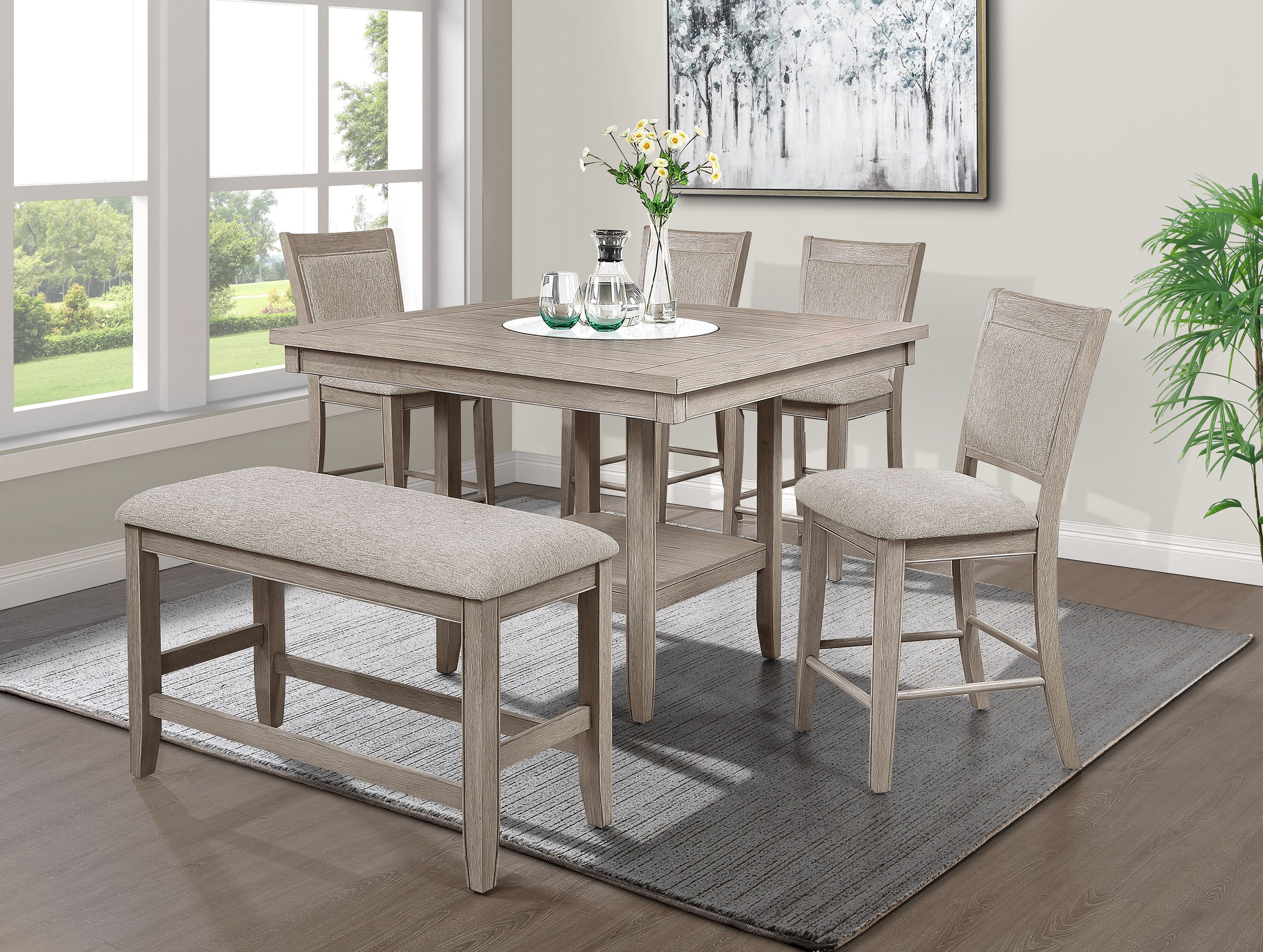 6pc Dining Set Contemporary Farmhouse Style Counter Height w 20-Inch White Faux Marble Lazy Susan All Tan / Beige Gray Finish Upholstered Chairs Bench Wooden Solid Wood Dining Room Furniture