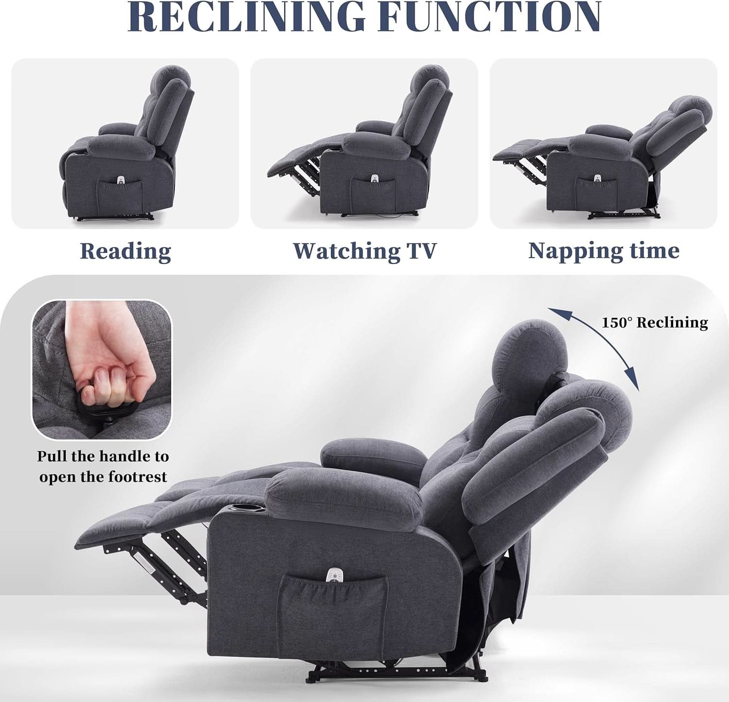 Oversized Heated Massage Recliner Sofa Slate Fabric-2