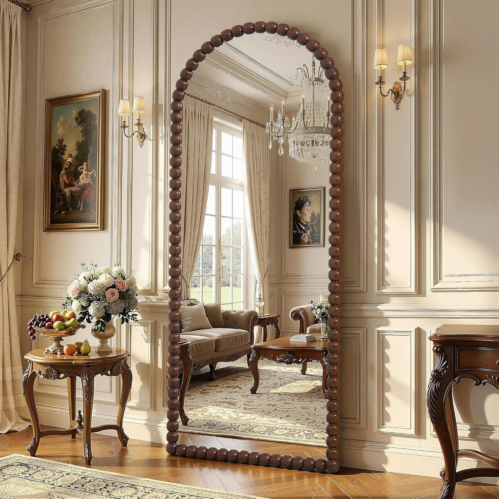 71 Inch Elaborately Arched Floor Mirror Beaded Brown-2