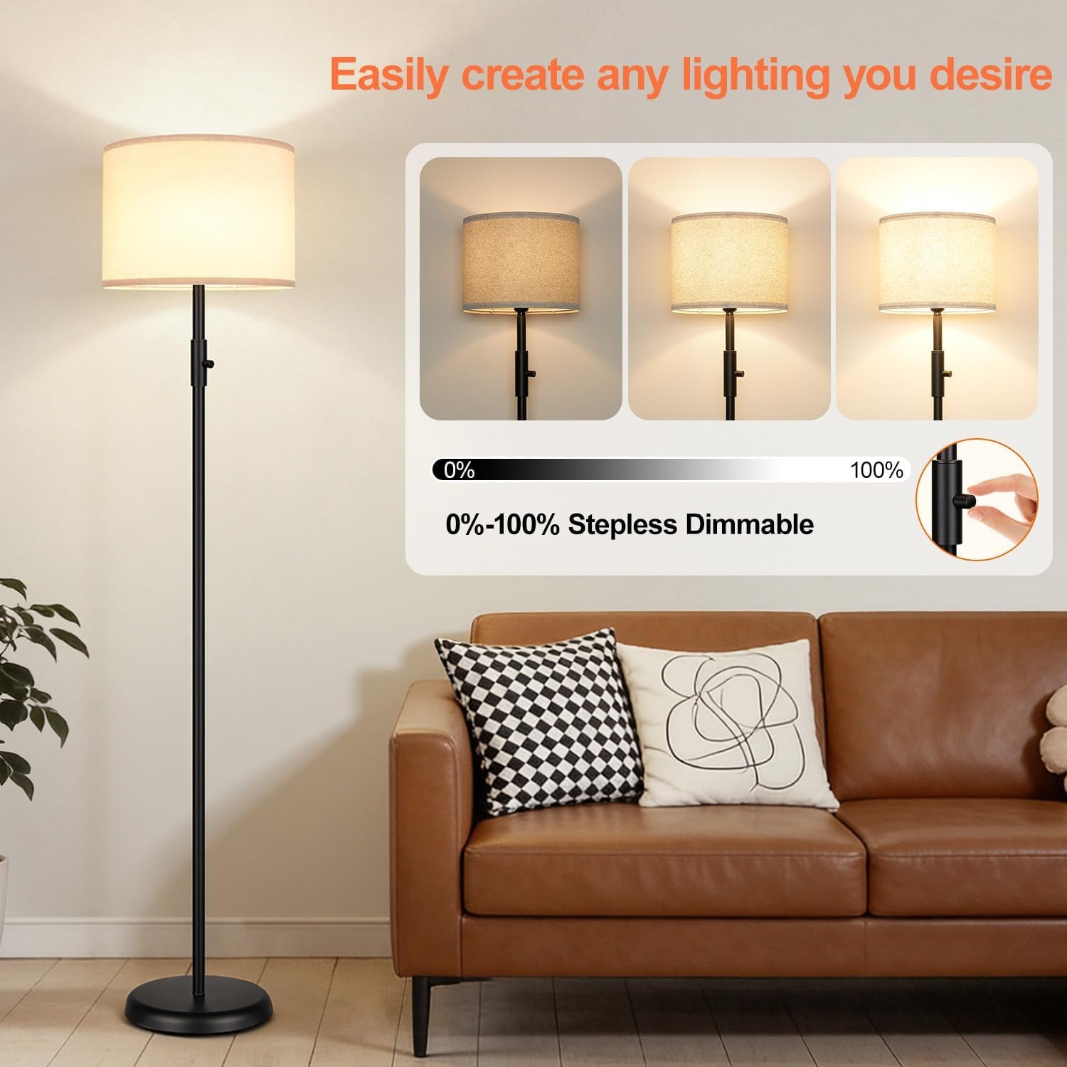 Black Dimmable Tall Floor Lamp 1000Lumens Linen Shade