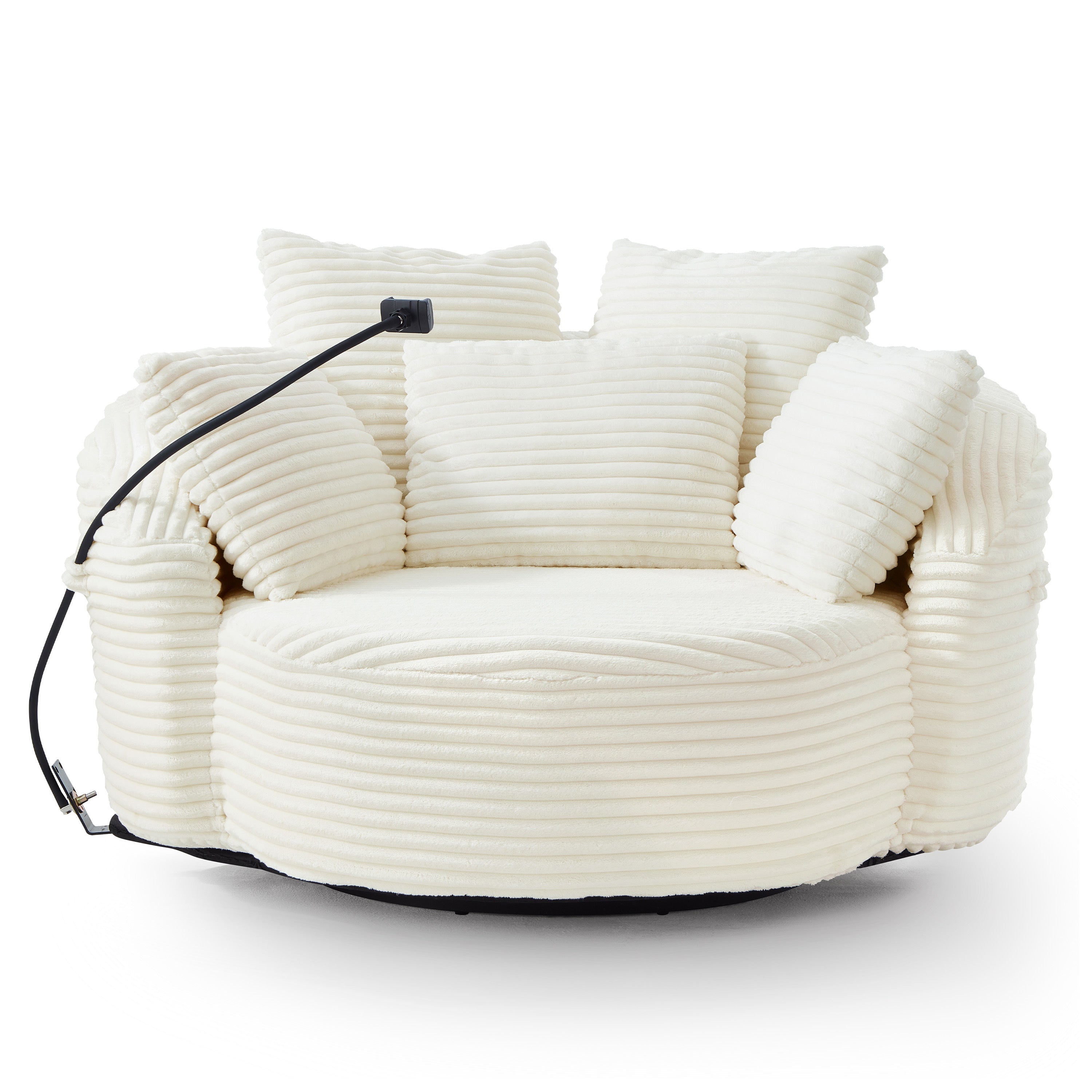 Beige Corduroy 360° Swivel Accent Barrel Chair with Adjustable Phone Holder, 5 Pillows, Foam Frame, Iron Base, for Living Room, Bedroom, Office, Hotel