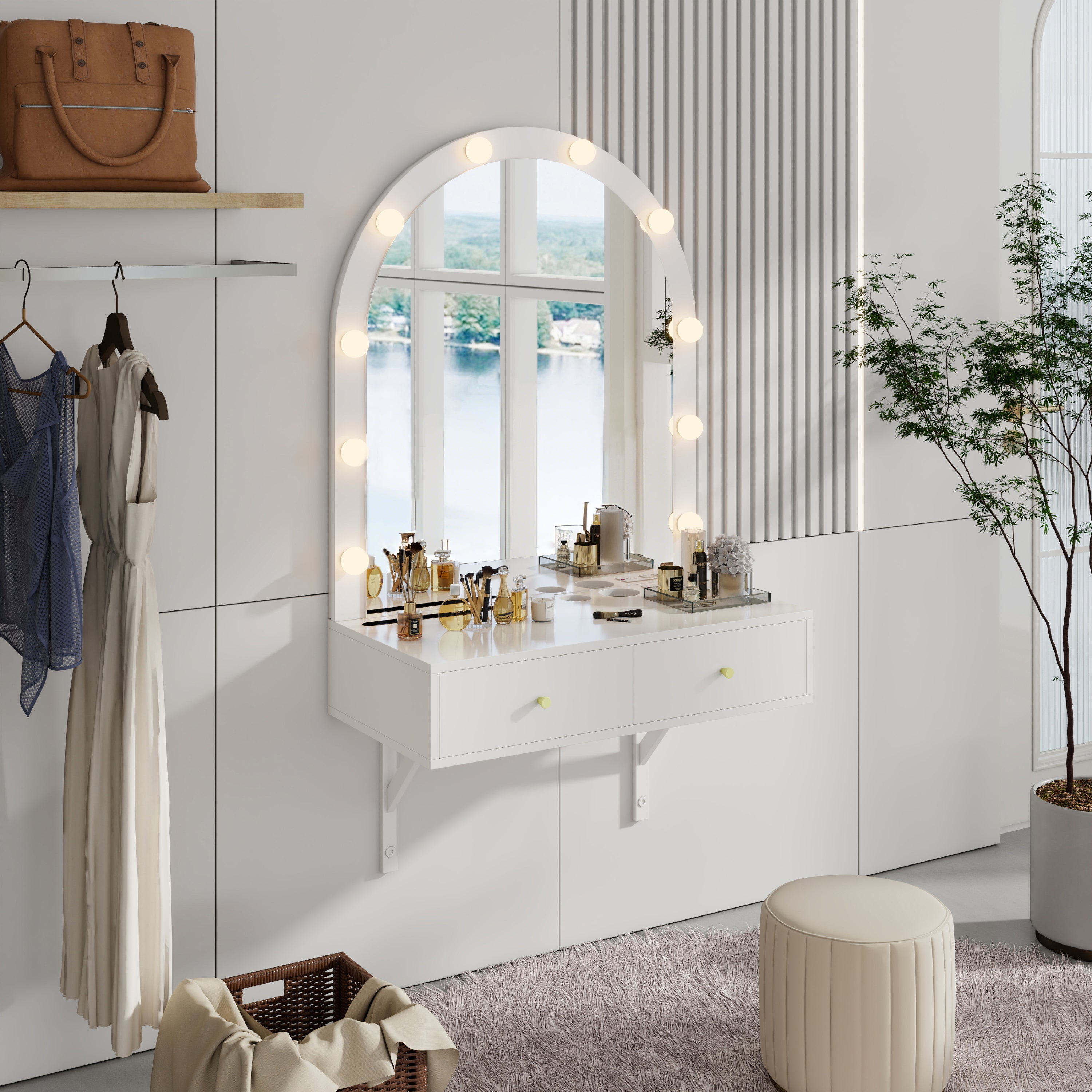 Floating Makeup Vanity Desk with Mirror & 3-Color Lights, Wall Dressing Table with Power Outlet, Compact vanity, Large Storage, White