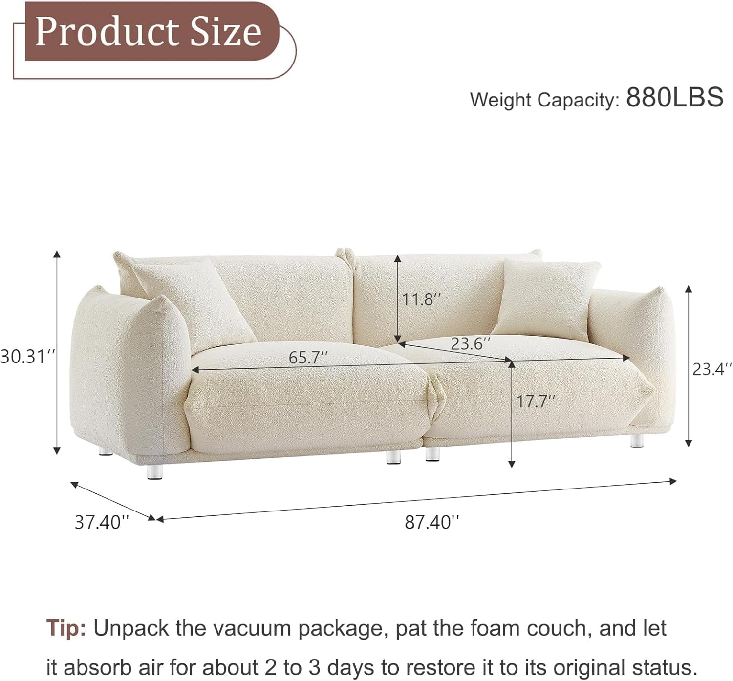 Sherpa Plush 87 Inches Snow White Upholstered Deep Seat Sofa-1