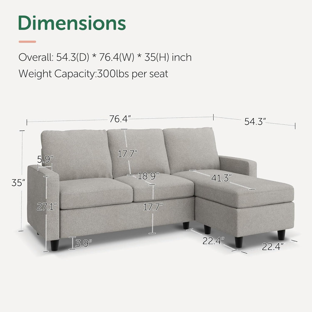 L Shaped Convertible Sectional Sofa Light Grey Linen Fabric-1