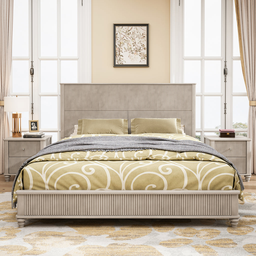 Beige Solid Wood King Platform Bed Frame with Tall Headboard, No Box Spring Needed, Crafted from Rubber Wood and Plywood