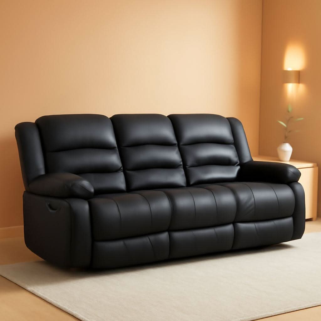 Black Faux Leather Manual Recliner Sofa Cupholders-0