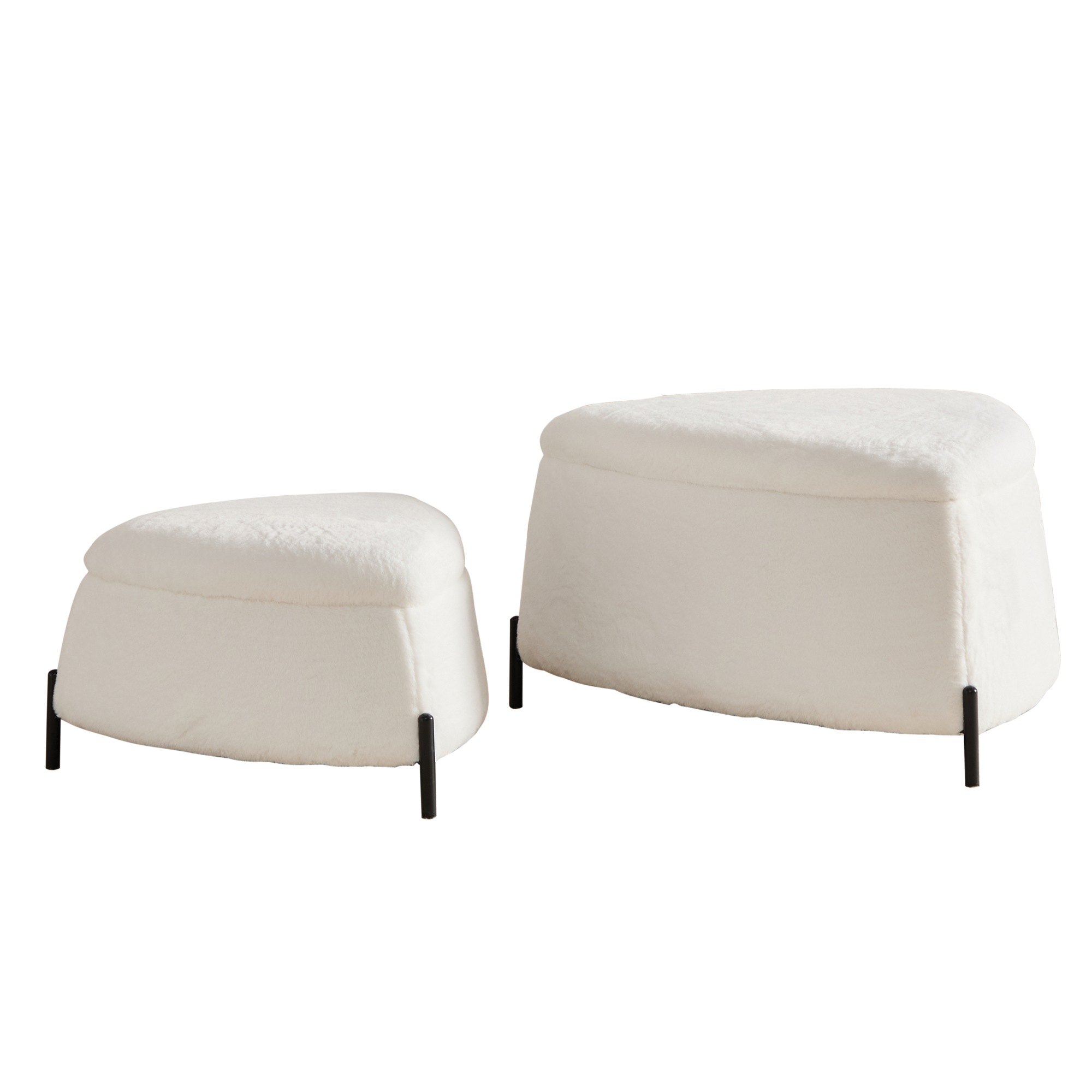Ivory Faux Fur Upholstered Storage Ottoman Set with Metal Legs, Coffee Table with Reversible Lid
