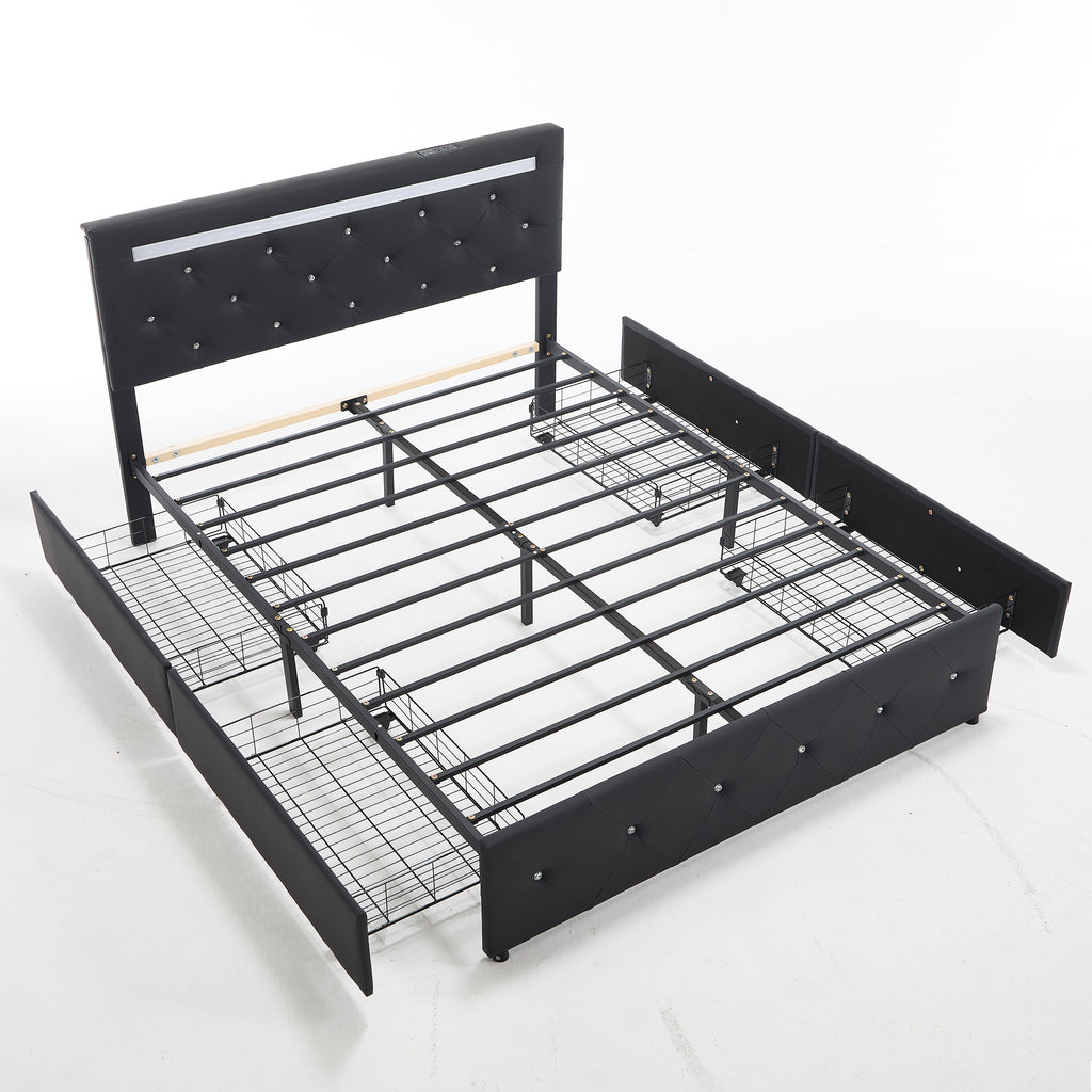 Black PU Upholstered Queen Bed Frame with LED Light, 4 Storage Drawers, Adjustable Headboard, Charging Station, Metal Frame, No Box Spring Needed