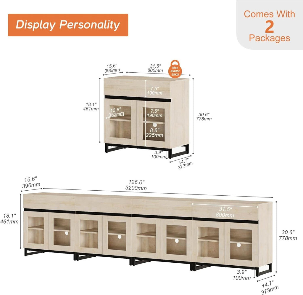 Natural Oak Contemporary Sideboard With Glass Doors-1