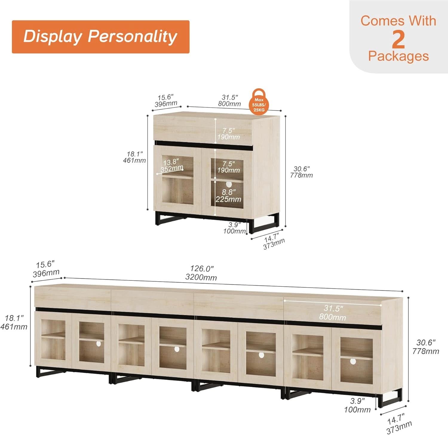 Natural Oak Contemporary Sideboard With Glass Doors-1