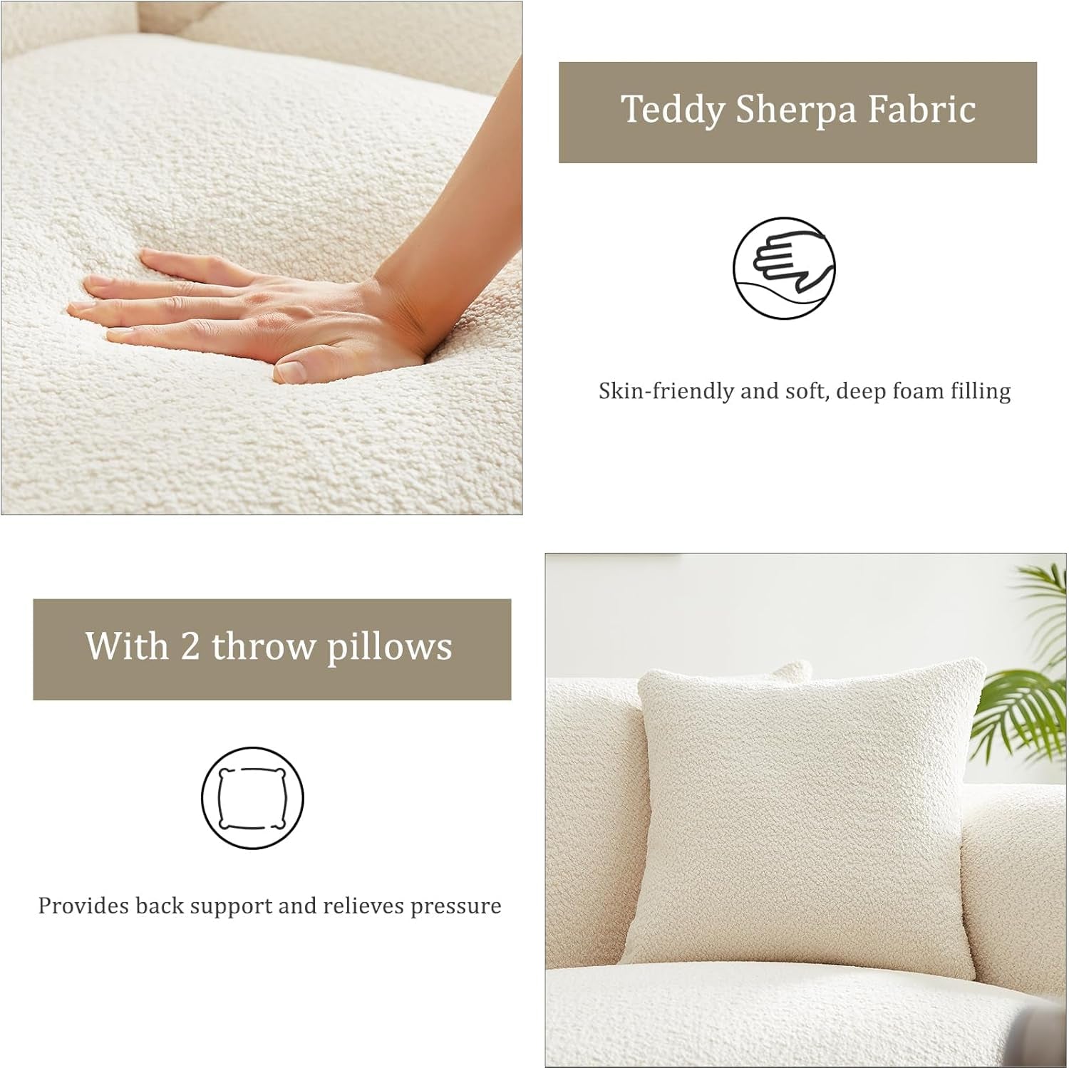 Sherpa Plush 87 Inches Snow White Upholstered Deep Seat Sofa-4