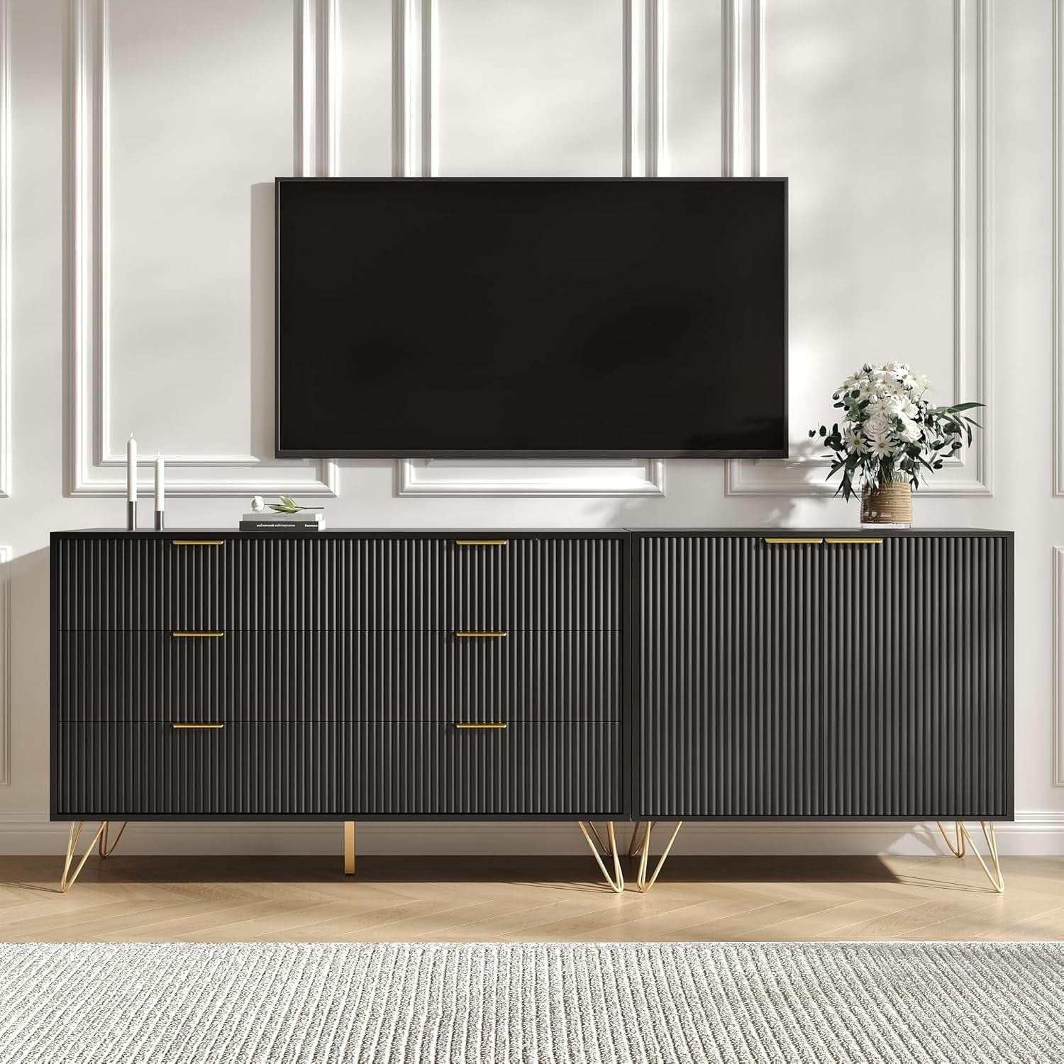 78 Inch TV Entertainment Stand Black With Fluted Shelves