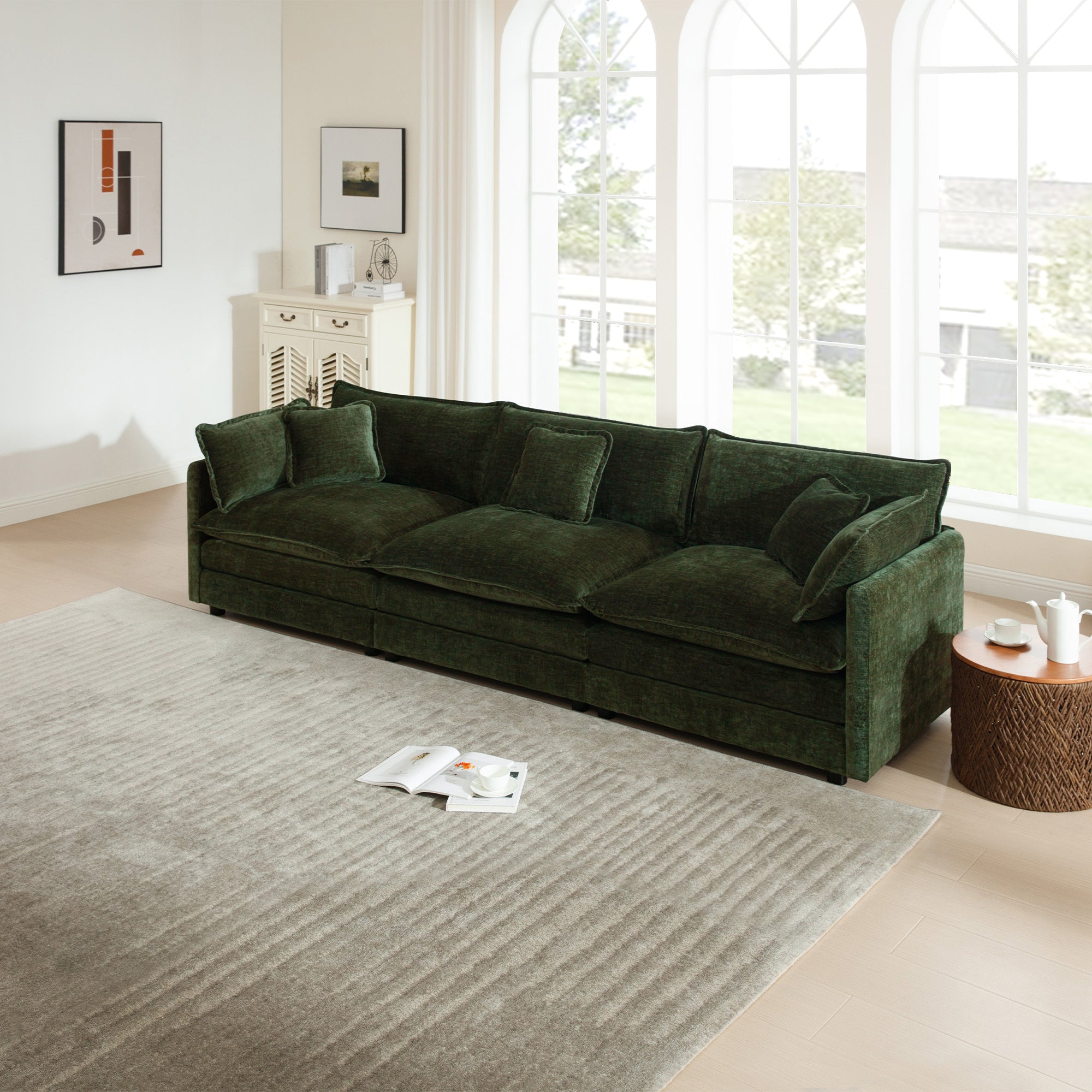 Mid-Century Modern Couch 3-Seater Sofa with 2 Armrest Pillows and 3 Toss Pillows, Couch for Living Room Green Chenille