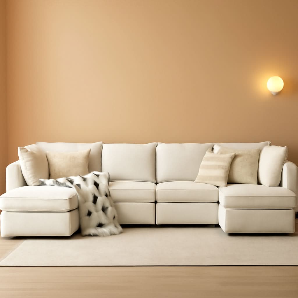 127 Inch Modular Sectional Sofa Beige with Storage Ottoman