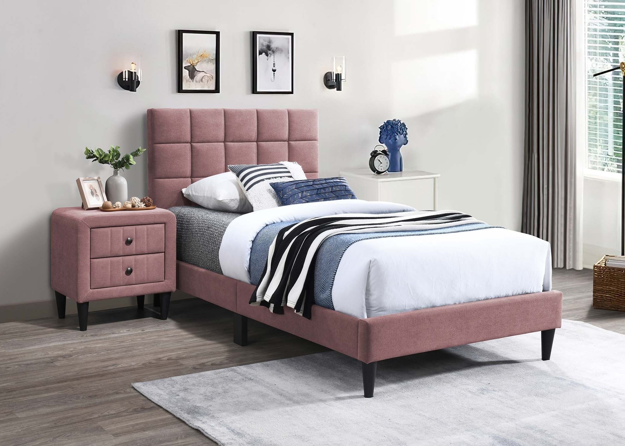 Modern Style Twin Size Bed Nightstands Pink Upholstered Brushed Linen Fabric 3pc Bedroom Set