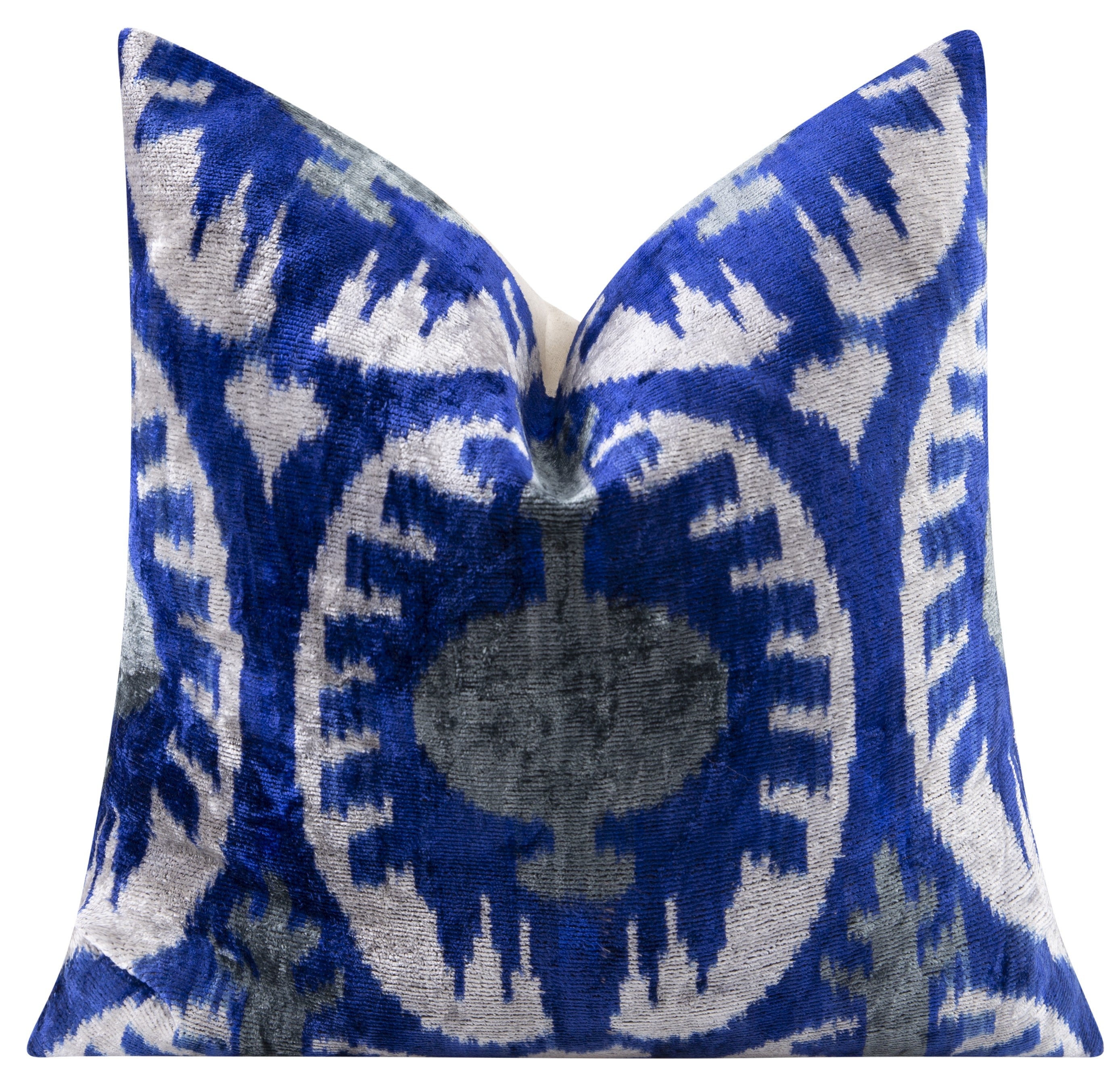 Handmade Velvet Throw Pillow - 16x16 Inches, Naturally Vegetable-Dyed, Premium Down Feather Insert - Blue and Gray Ikat Pattern, Luxury Home Decor Accent