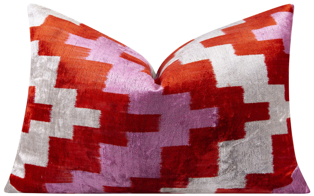 Handmade Velvet Throw Pillow - 16x24 Inches, Naturally Vegetable-Dyed, Premium Down Feather Insert - Red, Pink, and Beige Abstract Geometric Design, Luxury Home Decor Accent