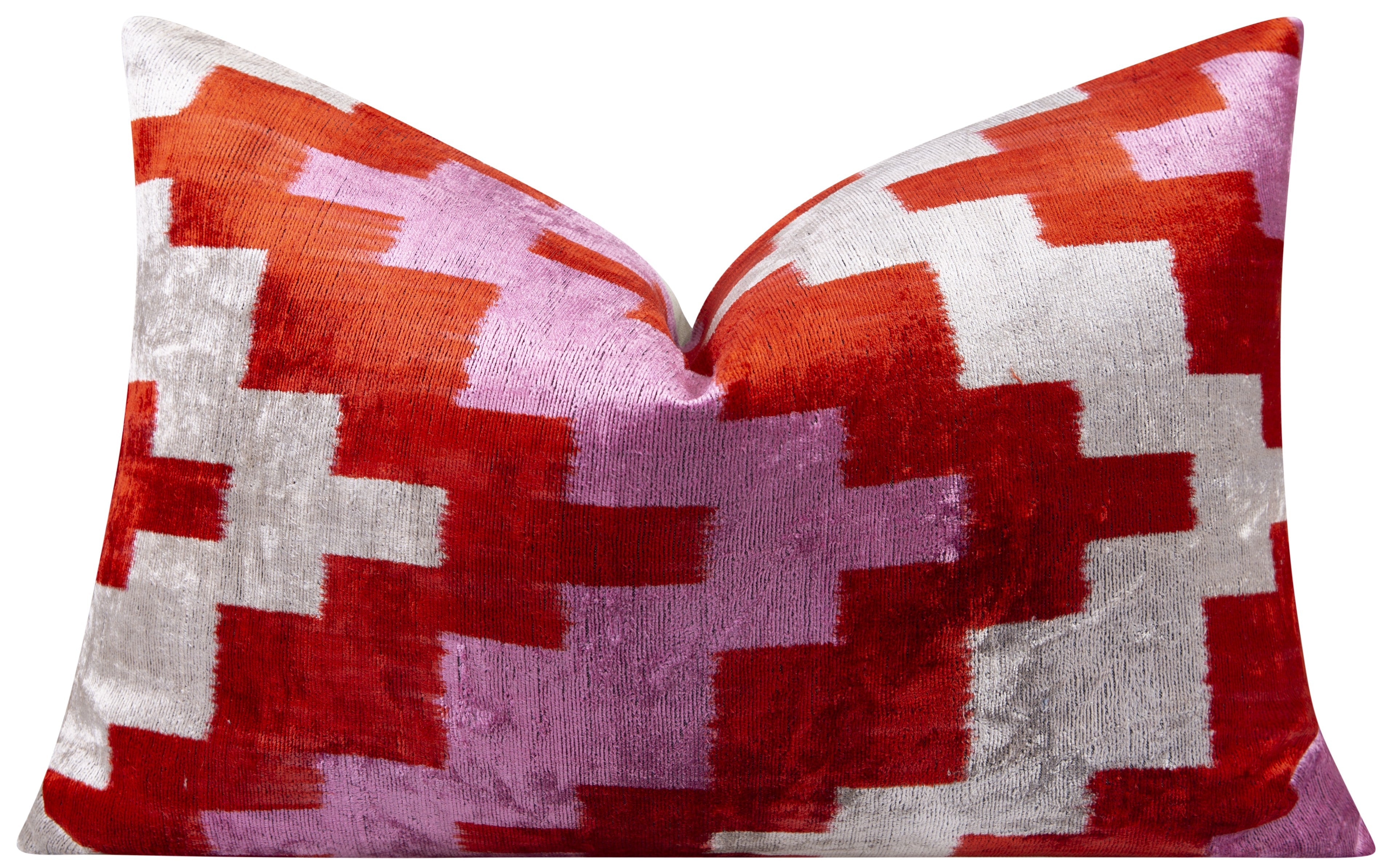 Handmade Velvet Throw Pillow - 16x24 Inches, Naturally Vegetable-Dyed, Premium Down Feather Insert - Red, Pink, and Beige Abstract Geometric Design, Luxury Home Decor Accent
