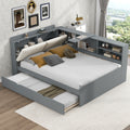 Gray Wood Full Size Platform Bed with Trundle, Shelves, and Storage Headboard, Solid Pine Wood+MDF