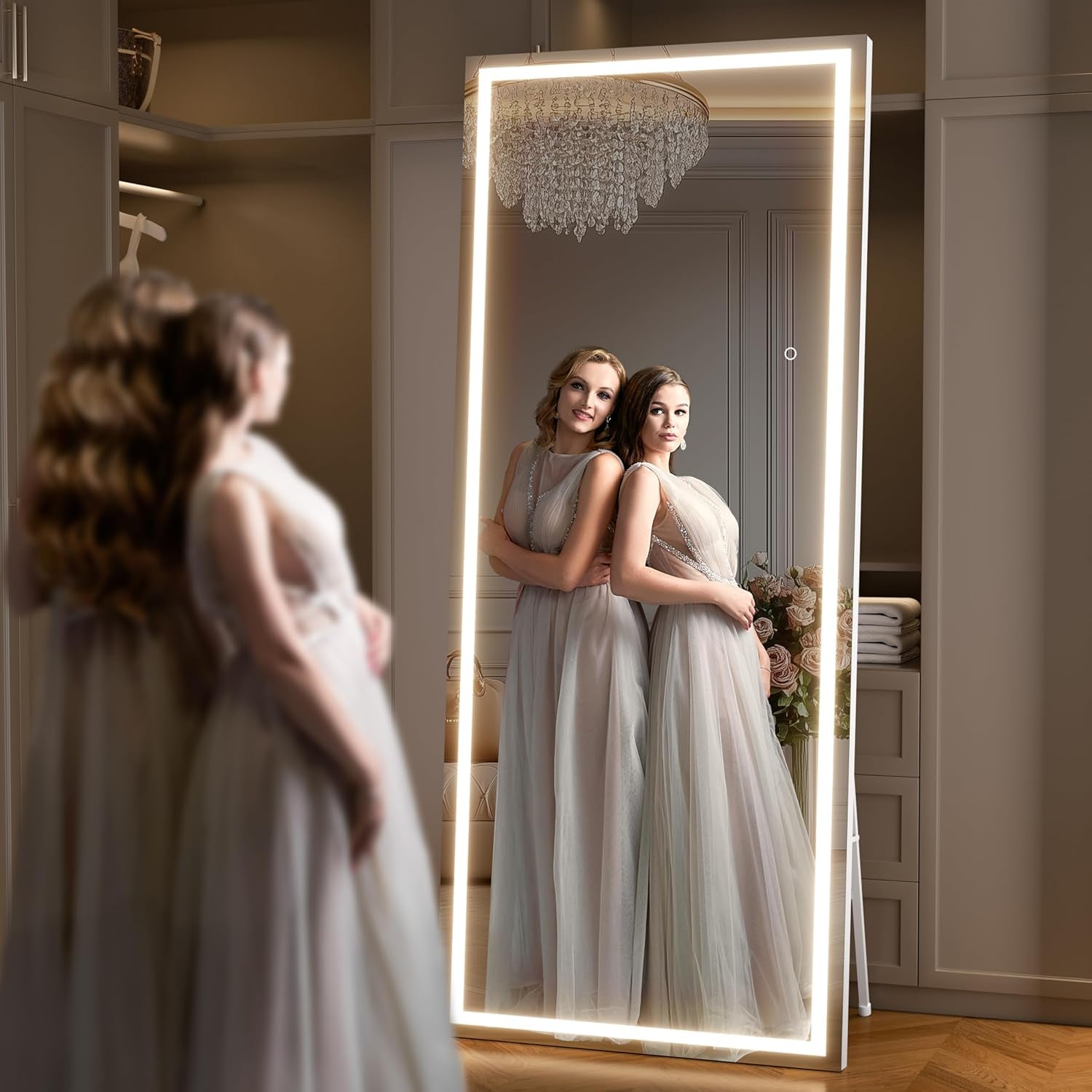 75x28 Inch LED Full Length Floor Mirror with Dimmable Lights and White Frame