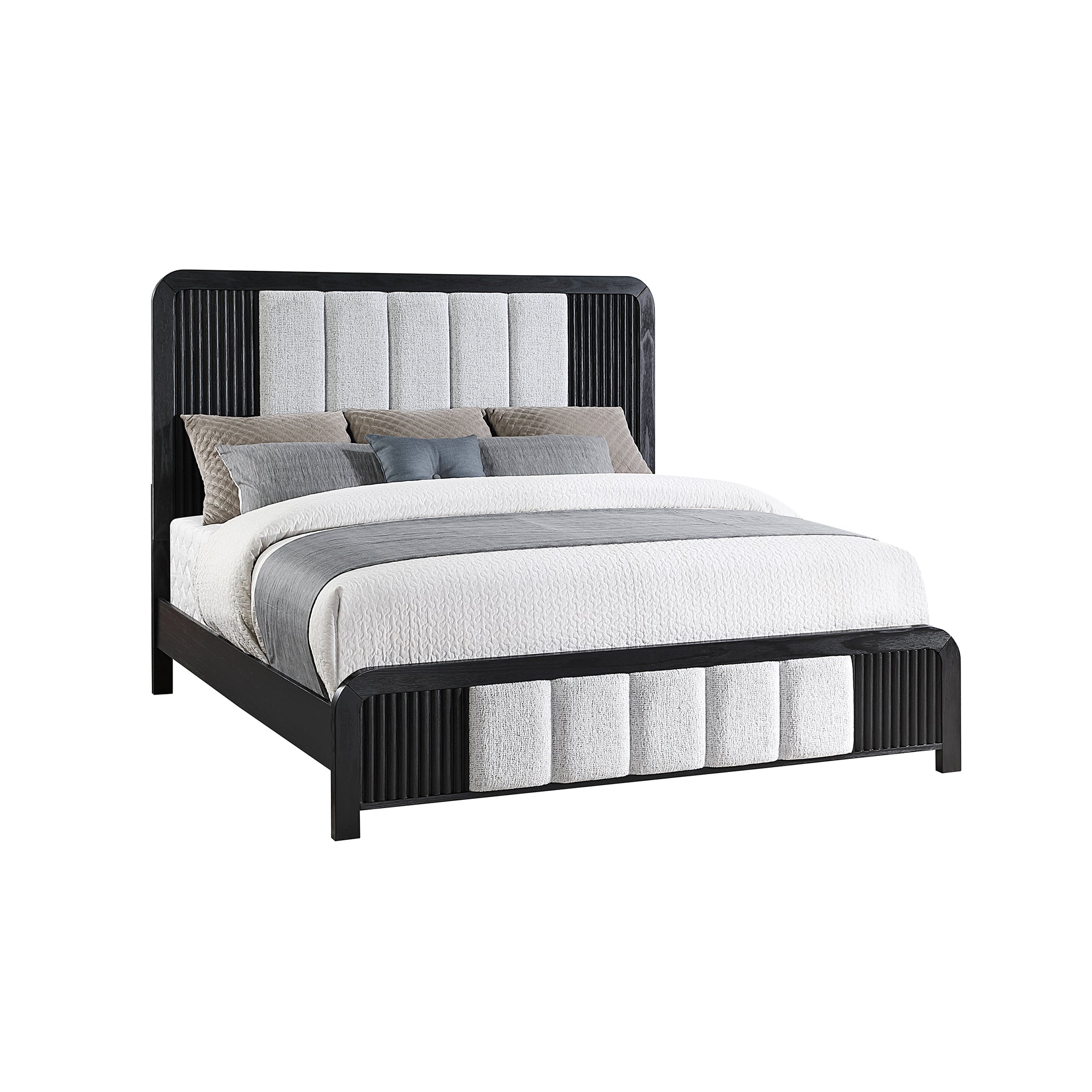 Beverly Black and White 5PC King Bedroom Set with Fluted Detailing, Partial Upholstery, LED Lights, and Speaker-Integrated Nightstand