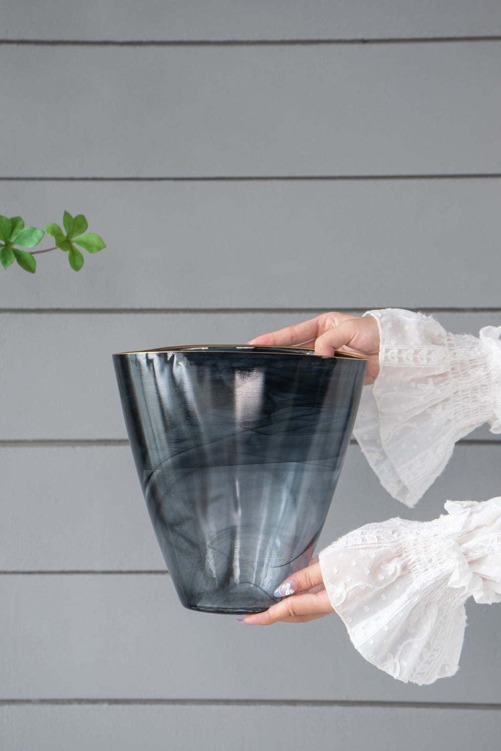 Smokey Black Glass Vase w/ Gold Rim