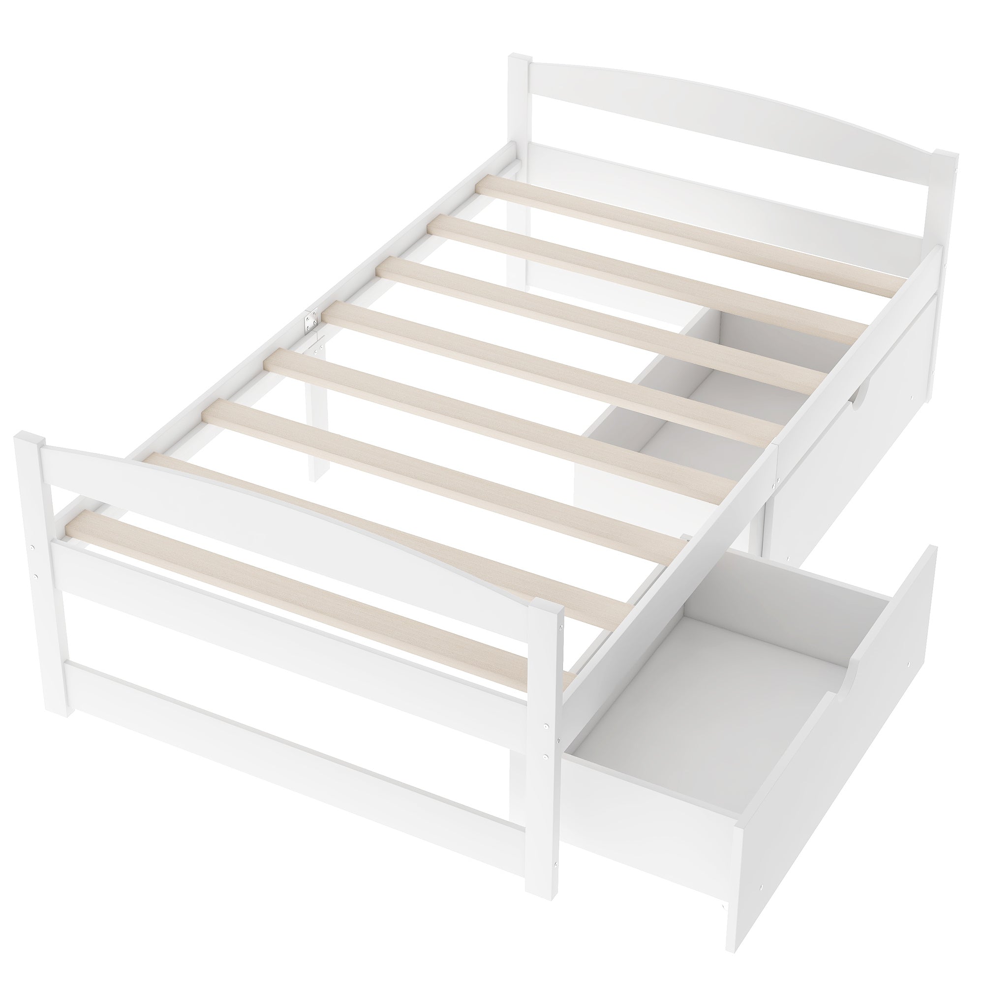White Twin Size Platform Bed with Two Drawers, Pine Wood and MDF, 77.1''L x 40.7''W x 23.1''H