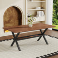 71 * 35.4 inch walnut MDF splicing desktop with X-shaped metal frame dining table. Modern industrial style multifunctional dining table for household dining, suitable for 6-8 people.
