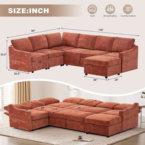 116Inch Orange Chenille Fabric Modular Sleeper Sofa USB-1
