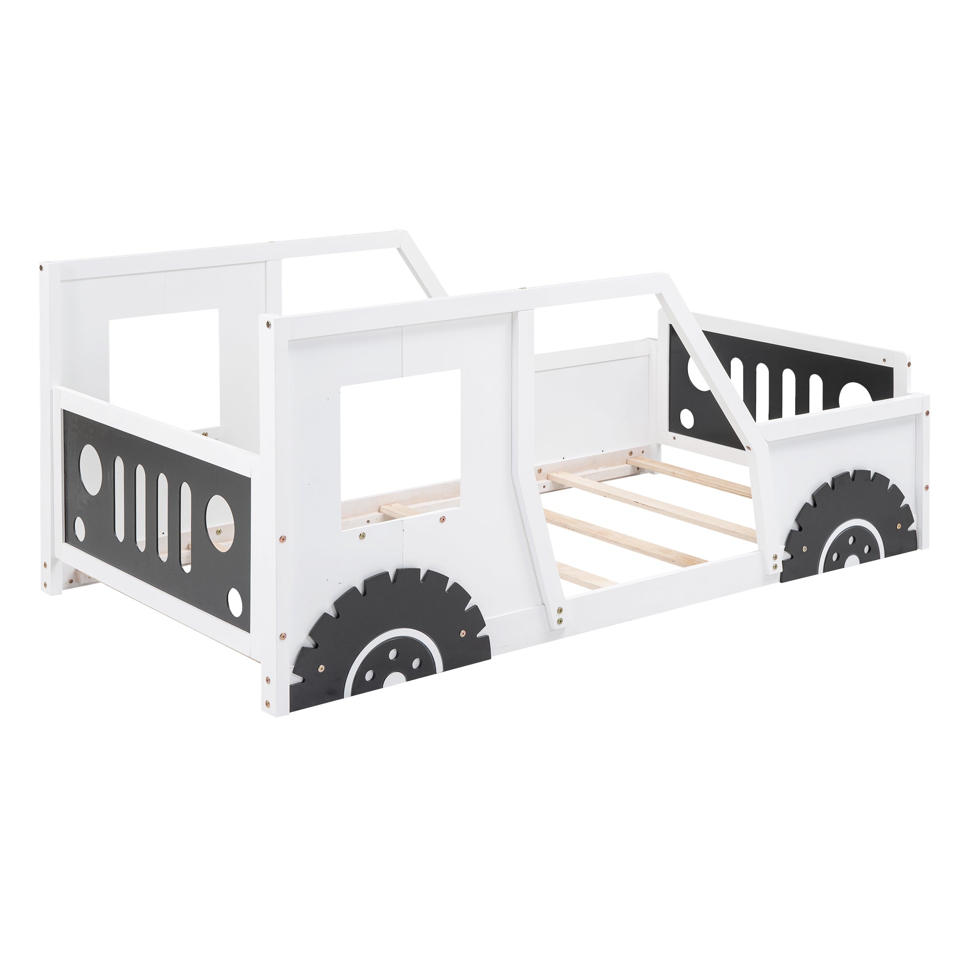Classic Car-Shaped Twin Platform Bed with Wheels in White